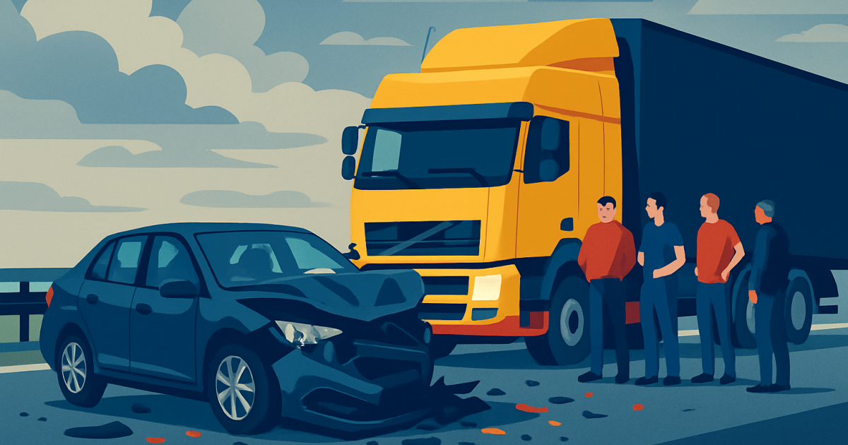 Carambol pe A1: Două mașini, un TIR și o platformă